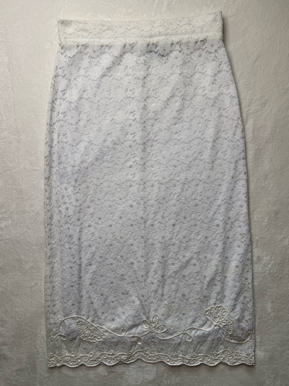 Come N See Vintage Maxi/Midi White Lace Pencil Skirt Embroidery Scalloped Hem L
